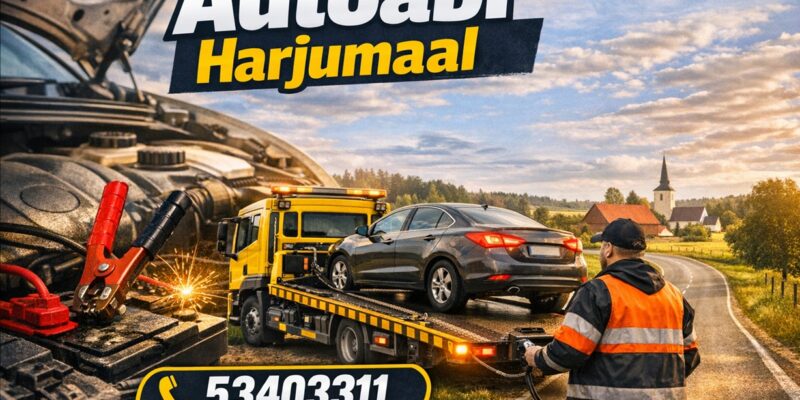 Pilt illustreerib teenuseid, mida Autoabiteenused OÜ pakub Harjumaal. Nendeks on puksiirabi, käivitusabi ja üldiselt autoabi teenused. Pildil on näha ka teenusepakkuja telefoninumber 53403311.