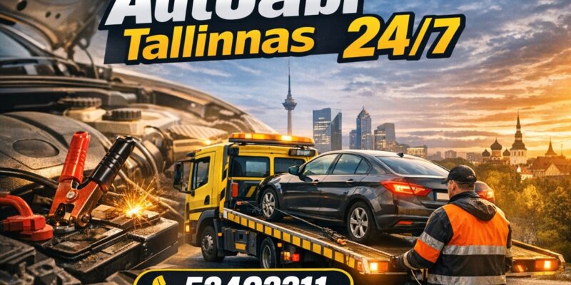 Autoabi Tallinnas 24/7. Polt illustreerib, milliseid autoabiteenuseid Autoabiteenused OÜ pakub ja lisatud on telefoninumber 53403311.